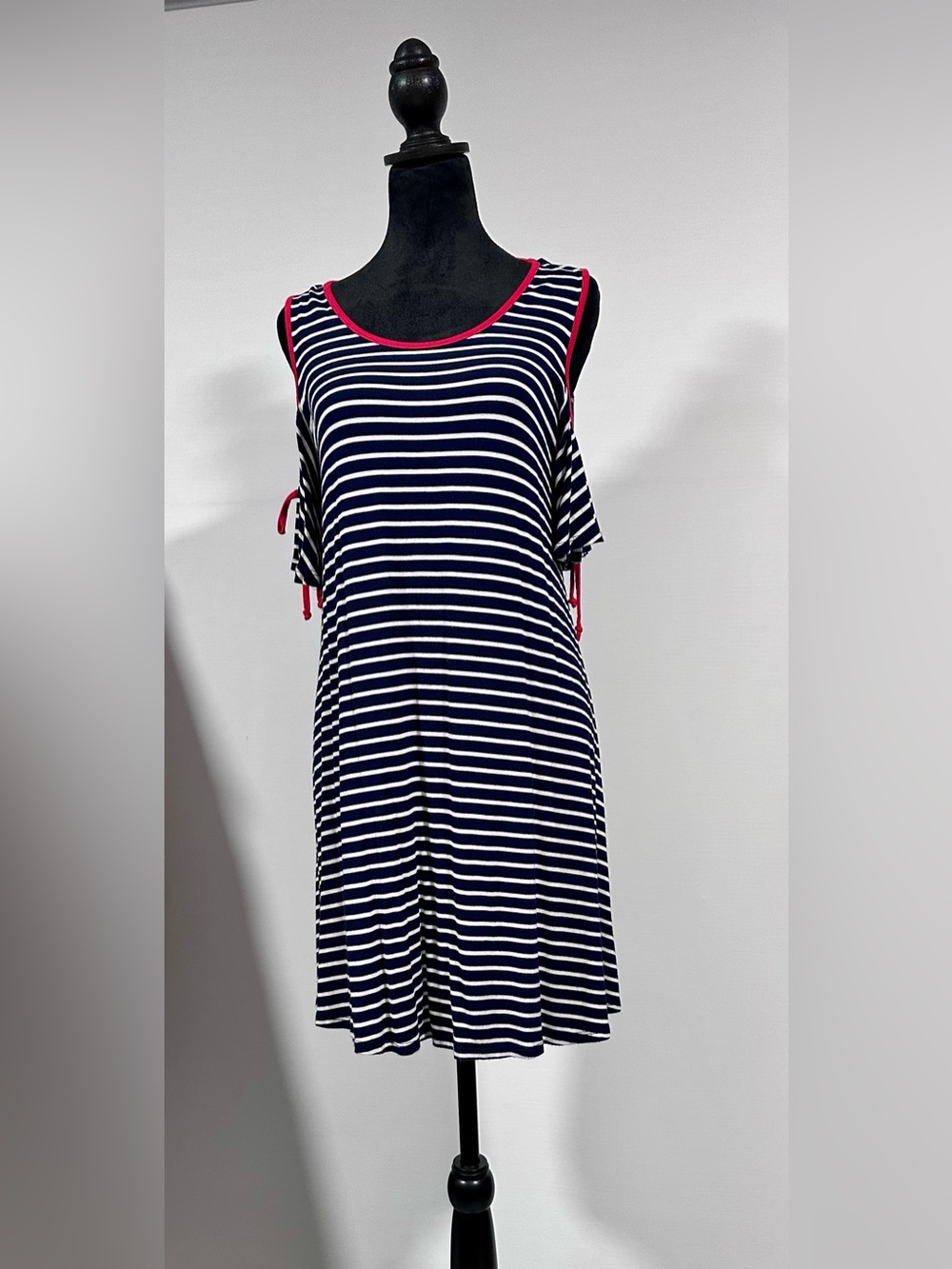 Espresso Navy and White Striped Cold-Shoulder Dress with Red Trim
